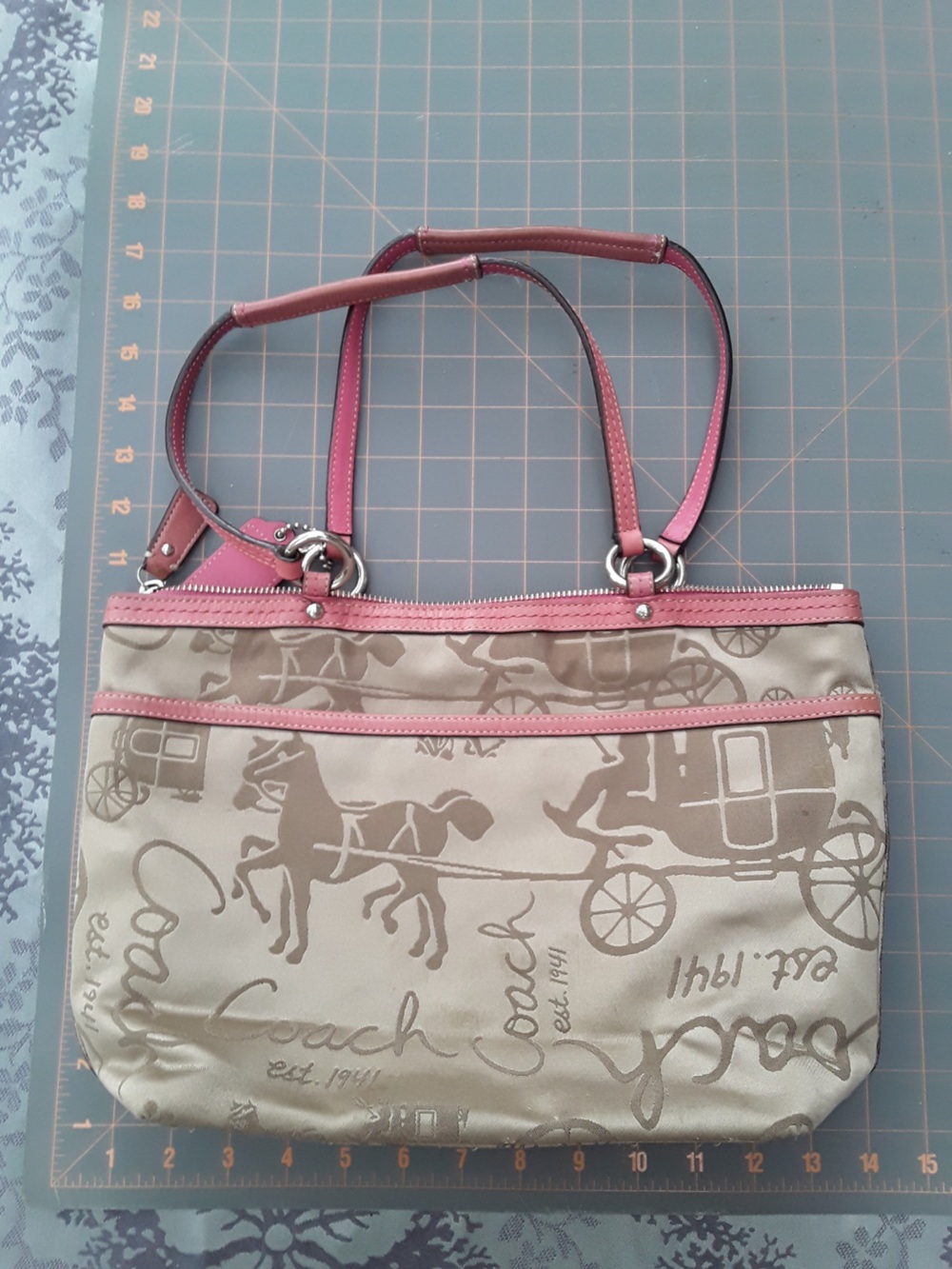PINK 🩷Coach (F14482) Signature Khaki  Satin Horse Carriage Leather Purse